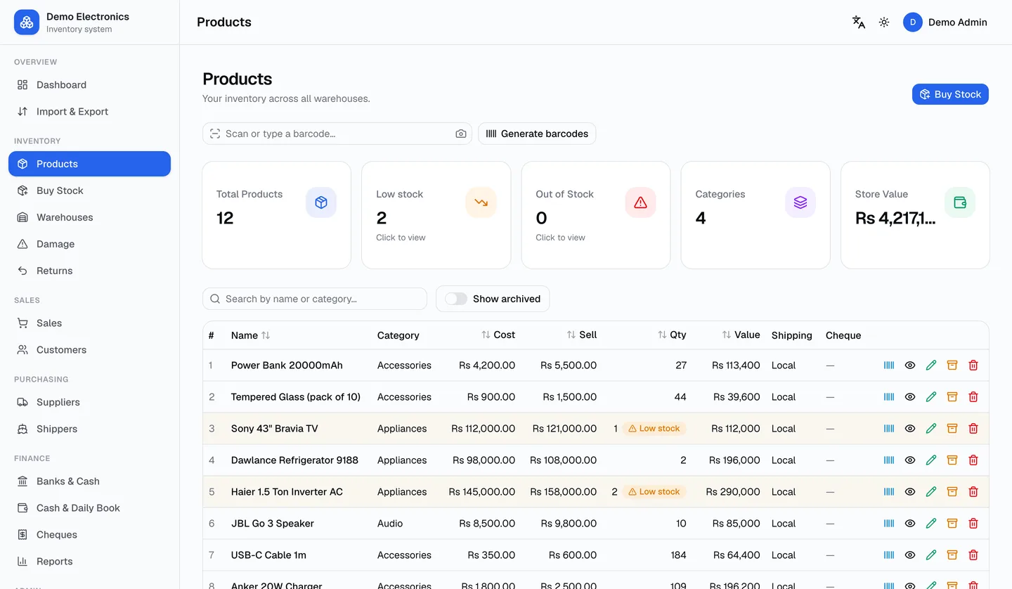 The Products screen in LiveKaatha: total, low-stock and out-of-stock counts, store value, and a product table with cost, sell price, quantity and low-stock flags.