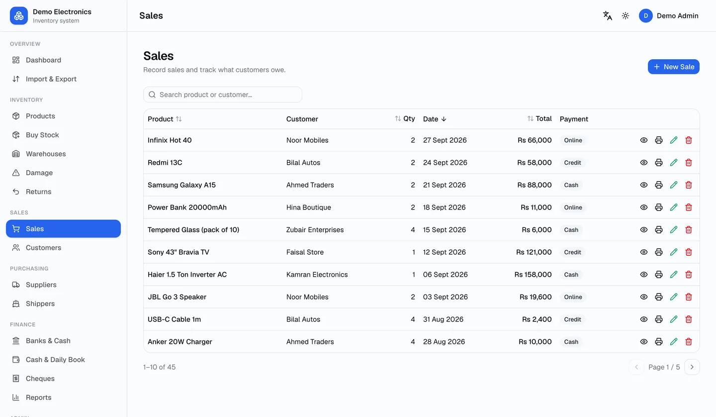 The Sales screen in LiveKaatha: a list of sales with customer, items, amount and payment method, ready to print as invoices.