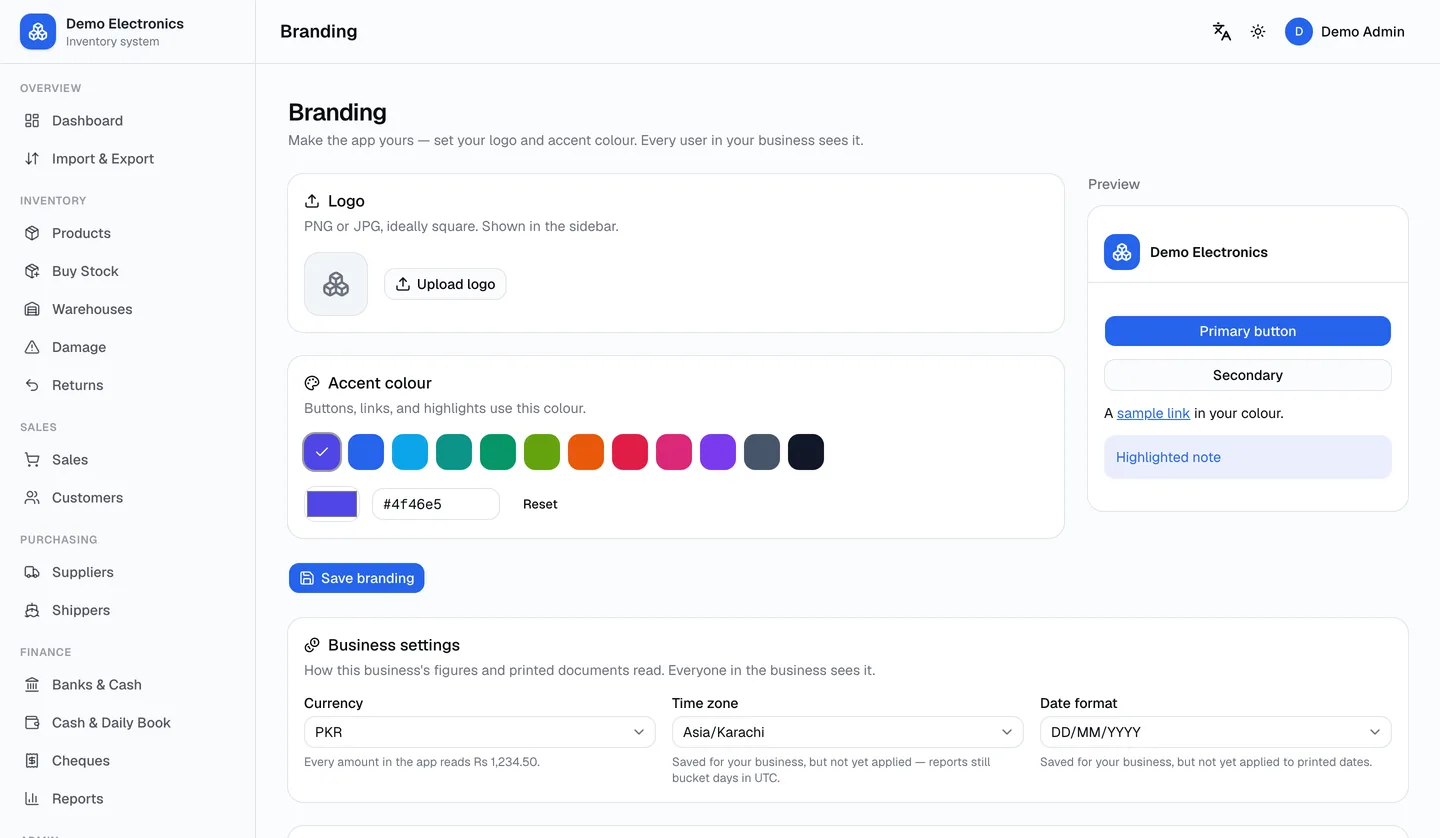 The Settings screen in LiveKaatha: business details, logo and colour, modules, and managers with per-module access.