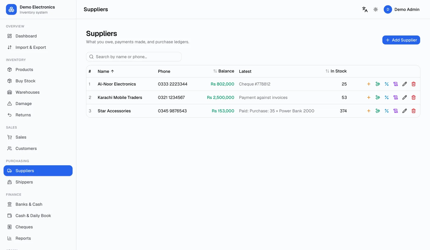 The Suppliers screen in LiveKaatha: supplier accounts with what is owed and paid.